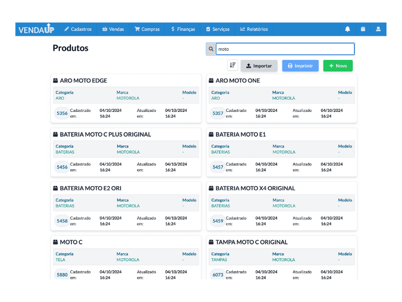 Cadastro de Produtos, agrupe produtos por categoria, marca ou modelo. Importe planilhas evitando trabalho